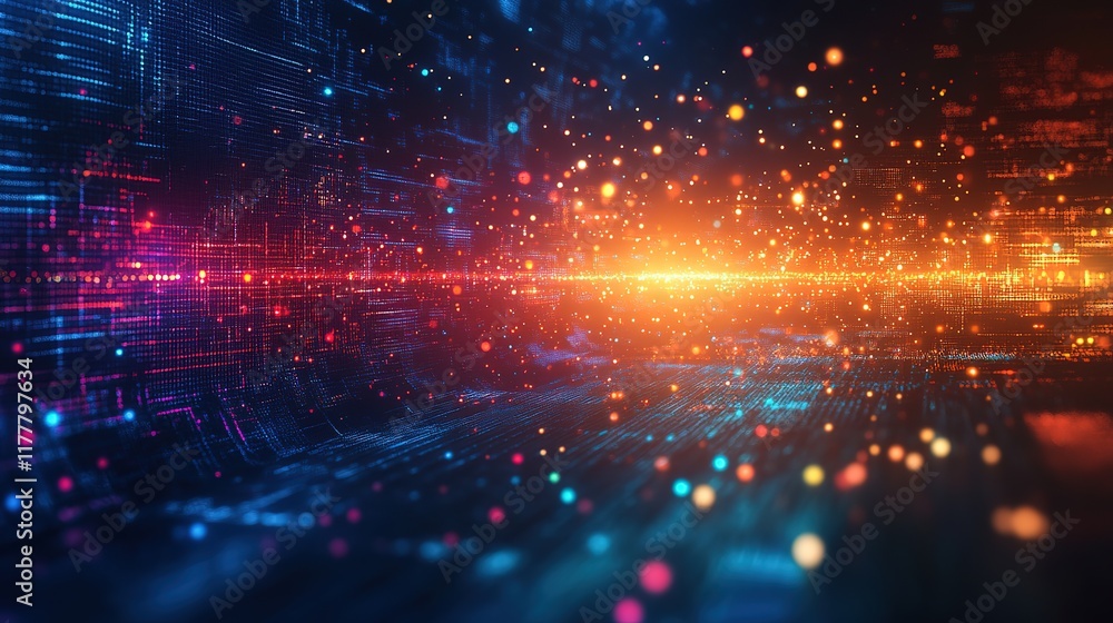 Poster an abstract technology background featuring a vibrant array of colored optical fibers, creating a vi