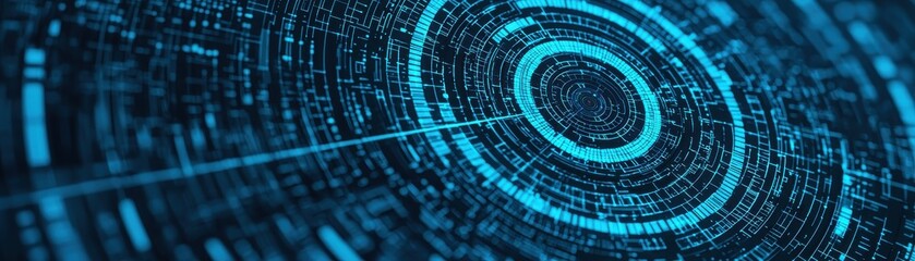 A futuristic digital design featuring circular patterns and glowing blue lines, evoking themes of technology and data visualization.