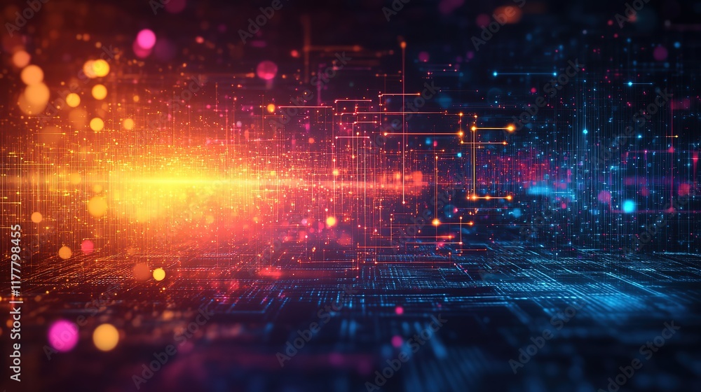 Poster an abstract technology background featuring a vibrant array of colored optical fibers, creating a vi