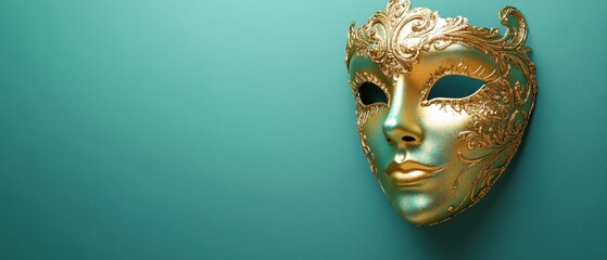 Elegant Gold Venetian Mask on Teal Background: Mysterious Carnival Costume Accessory
