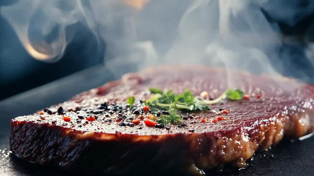 A sizzling steak cooking on a grill with rim lighting, garnished with herbs and spices, as steam rises in a static video shot emphasizing texture and heat