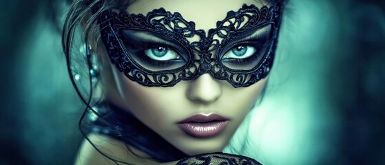 Mysterious Woman in Elegant Black Lace Mask, Dramatic Portrait Photography