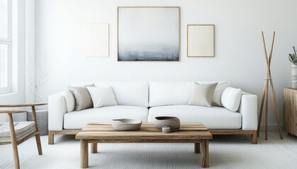 Modern Minimalist Living Room Interior Design with White Sofa Wooden Coffee Table and Abstract Art