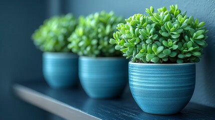 Elegant and Lush Succulent Plants in Beautiful Blue Ceramic Pots Decoratively Displayed on a Modern Shelf Against a Soft Gray Background