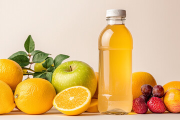 Fresh citrus juice bottle with lemons, green apple, strawberries, and grapes display