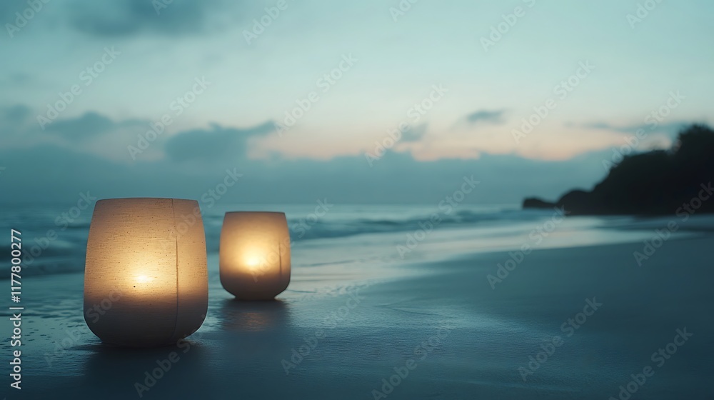 Poster a soft, glowing lanterns on a serene beach with a dark, clear space for text