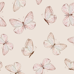 Seamless pattern with Pastel beige and coral butterflies in vintage style on a isolated background. Watercolor illustration for fabric,textiles, wallpaper, wrapping paper, covers, prints, clothing.