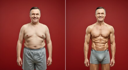 Fototapeta premium Before and after transformation of caucasian male adult in fitness journey