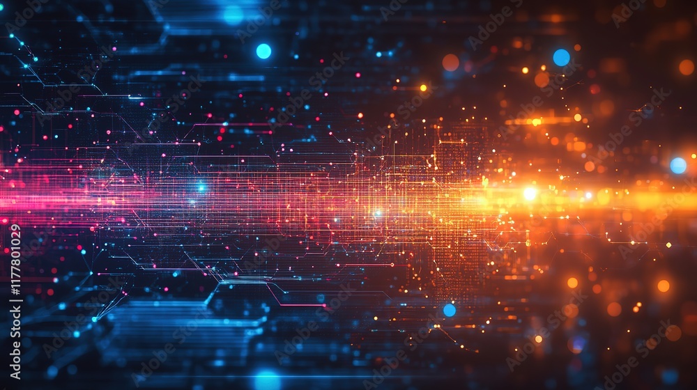 Poster an abstract technology background featuring a vibrant array of colored optical fibers, creating a vi