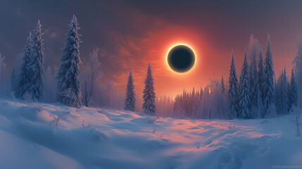 Solar eclipse casts a mystical glow over a serene winter landscape with snow and trees