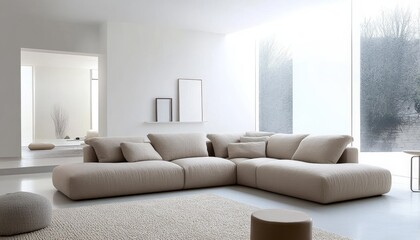 Fototapeta premium Modern Beige Sectional Sofa in Minimalist Living Room Interior Design