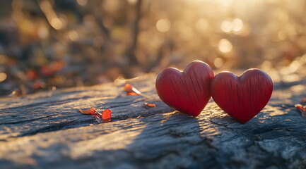 Fototapeta premium Two red wooden hearts on an old wooden surface