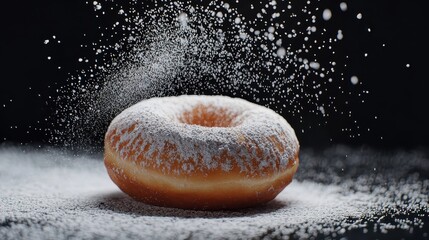 Soft and Airy Donut Lightly Covered in Powdered Sugar with a Sprinkle Effect in a Dark Background