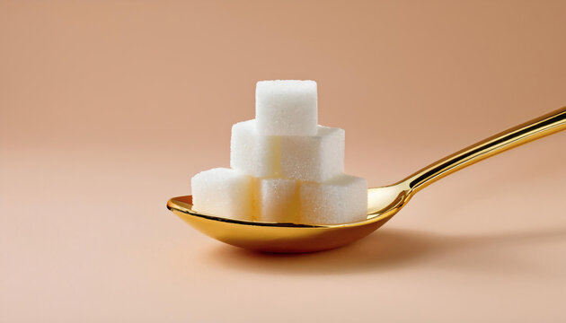 Gold teaspoon with stacked sugar cubes: A minimalist composition featuring a luxurious gold teaspoon placed on a soft peach-beige background
