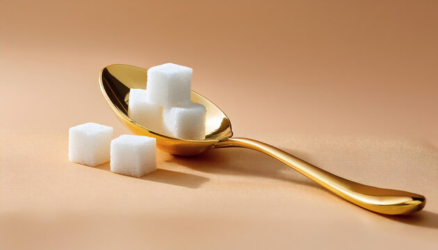 Gold teaspoon with stacked sugar cubes: A minimalist composition featuring a luxurious gold teaspoon placed on a soft peach-beige background