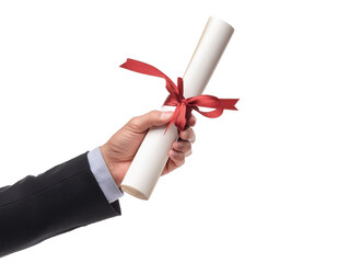 Diploma handed over isolated on white background, cut out