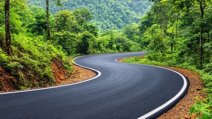 Fototapeta premium Scenic Winding Road Through Lush Green Forest in Natural Landscape with Dense Foliage and Vibrant Vegetation Ideal for Travel and Nature Photography