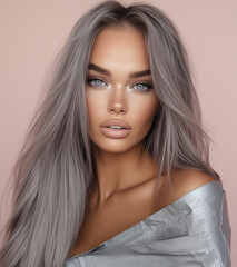 Naklejka premium Beautiful young adult with long grey hair and stunning features, posed against a soft pastel background, showcasing her perfect skin and captivating gaze in an artistic setting