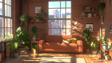 cozy living room featuring brick wall, large windows, and abundant greenery. orange sofa complements warm atmosphere, creating welcoming space filled with natural light