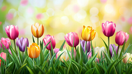 Spring background with colorful flowers and soft green grass under sunlight