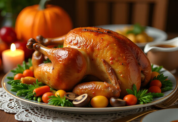 Roasted turkey served on a festive table with autumn vegetables and decorations