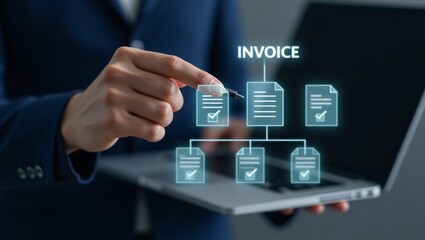 Business professional managing digital documents with stylus in futuristic office setting