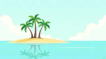 Obraz premium A serene tropical island features several tall palm trees standing on soft golden sand. The tranquil turquoise water sparkles in the sunlight, reflecting fluffy white clouds above. Copy space