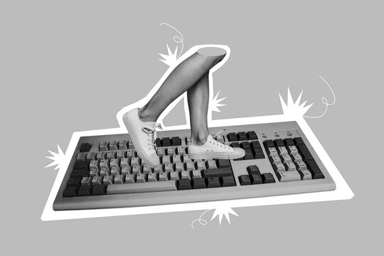 Collage photo creative artwork designed promo advertisement legs walking orange computer keyboard buttons isolated over blue color background