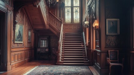 Elegant Vintage Interior of a Grand Staircase in an Opulent Historical Mansion with Decorative Lighting and Classic Artwork on the Walls