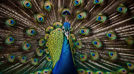 Obraz premium Beautiful peacock with fully spread iridescent feathers, vibrant and detailed close-up