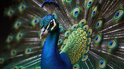 Obraz premium Beautiful peacock with fully spread iridescent feathers, vibrant and detailed close-up