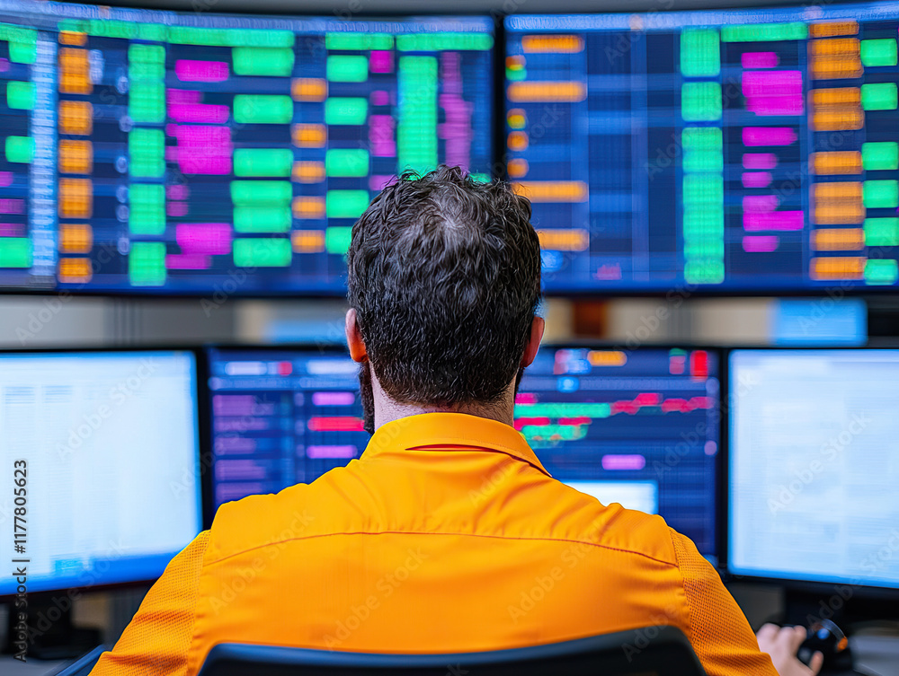 Poster man in orange shirt analyzing data on multiple computer screens in modern office