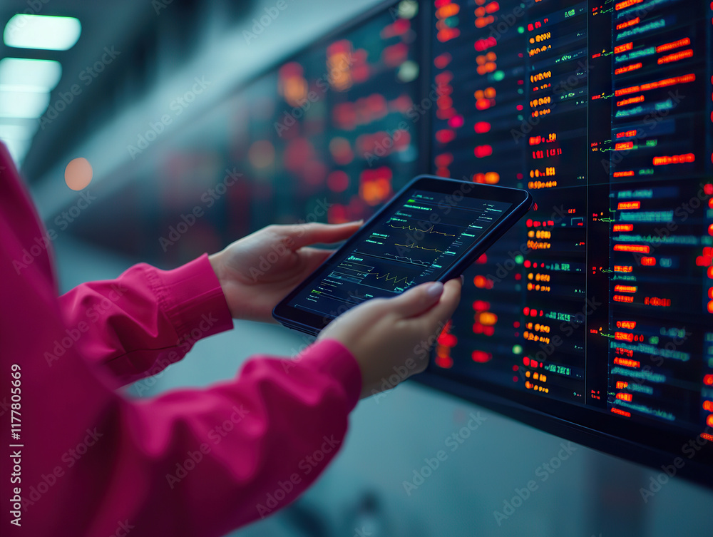 Poster person analyzing financial data on tablet in front of digital stock market display