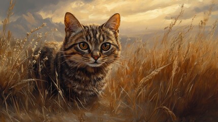Obraz premium Golden Hour Tabby: A Majestic Feline in a Serene Meadow
