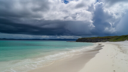 Fototapeta premium Deserted beach with crystal-clear turquoise waves, white sand, and dramatic clouds