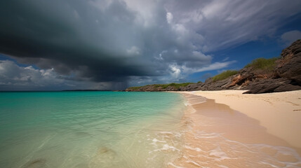 Fototapeta premium Deserted beach with crystal-clear turquoise waves, white sand, and dramatic clouds