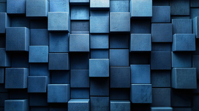 Collection of blue cubes layered in a geometric pattern showcasing texture and depth in a modern design setting
