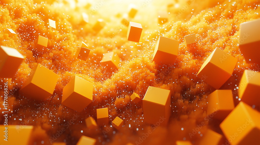 Poster colorful abstract composition with vibrant orange cubes floating in a golden cloud-like environment 