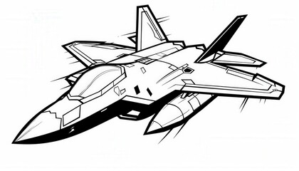 Sleek black and white line art of an F-22 Raptor fighter jet. Ideal for aviation logos, apparel designs, or military-themed projects.