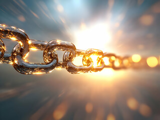 Shiny metal chain, sunrise background, strength concept, business, technology