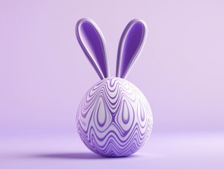 Fototapeta premium Minimalist bunny icon emerging from a patterned Easter egg in soft purple tones. 