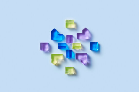 Top view of colorful crystals of different geometric shapes