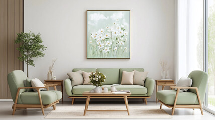 modern interior featuring light green sofa, two matching chairs, and floral painting. space is bright and inviting, with natural light and greenery