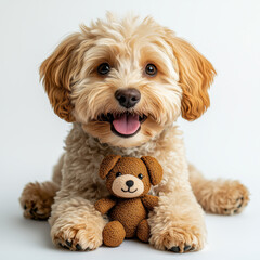 Portrait of an adorable mixed breed puppy dog with teddy bear