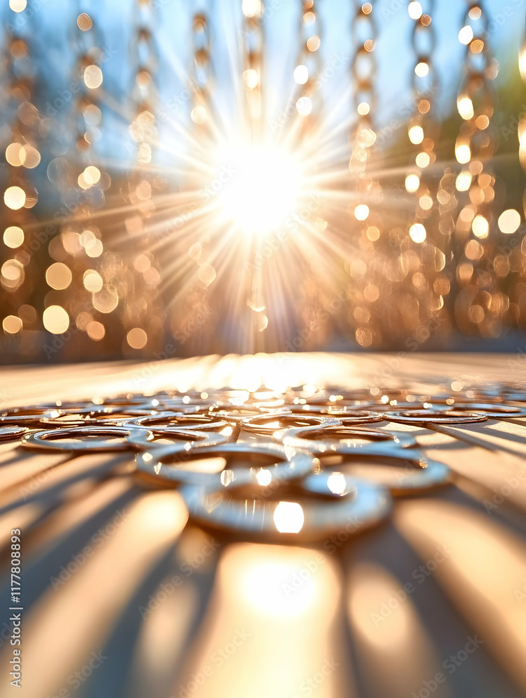 Poster sunlit chains background, scattered links foreground, wooden surface. ideal for product display or w