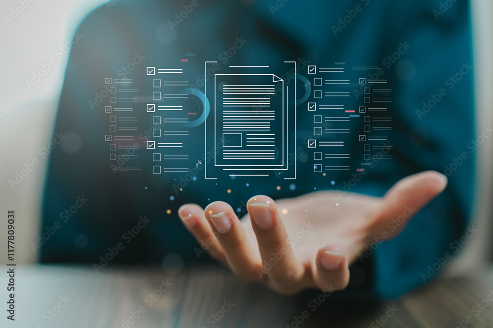 Poster digital document management with checklist icons in hand
