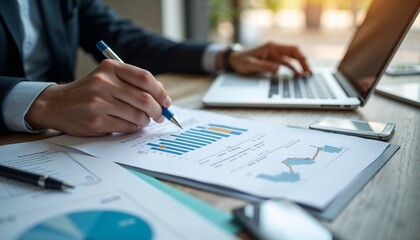 Business professional analyzing charts and graphs while working on a laptop at a wooden desk