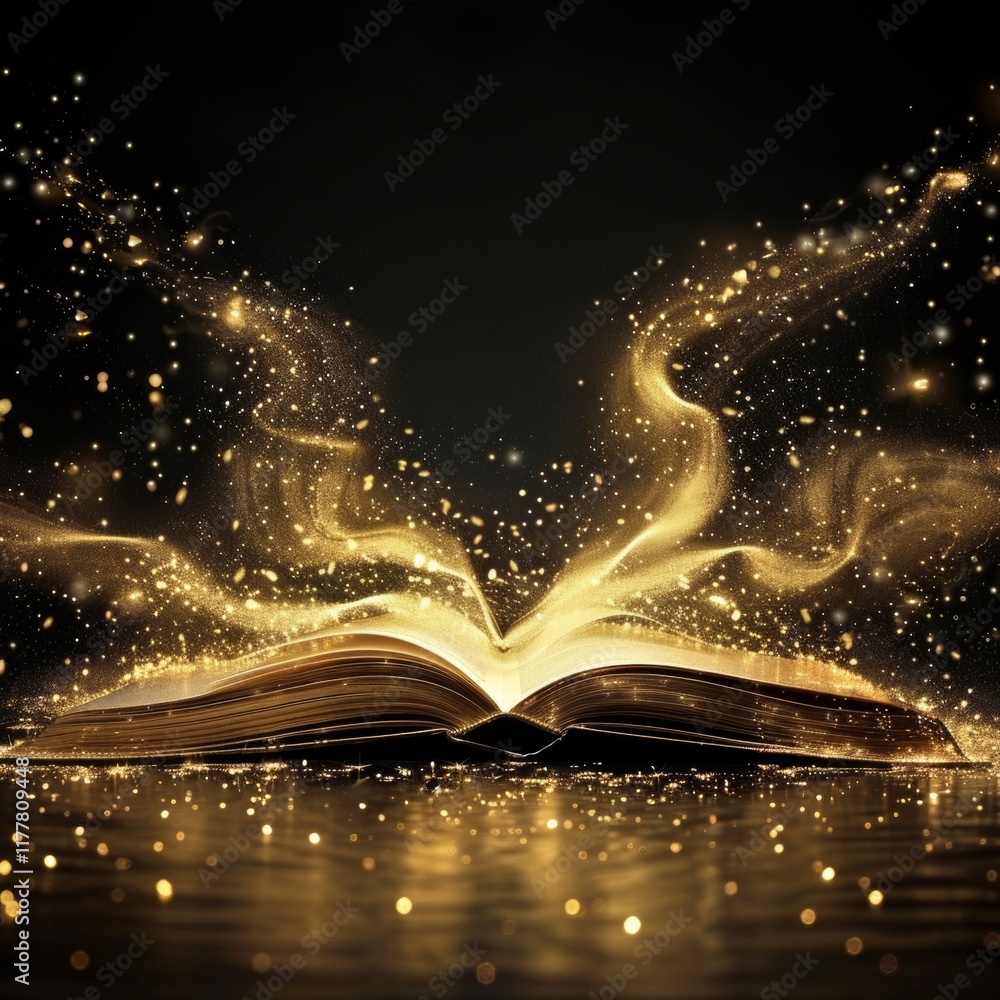 Poster an open book emits a soft golden glow, surrounded by shimmering sparks that rise and swirl around it