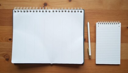 Close-up of calendar mockup with notepad on wooden table, pages and design visible, minimal background