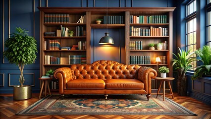 A leather couch positioned in front of a well-stocked bookshelf